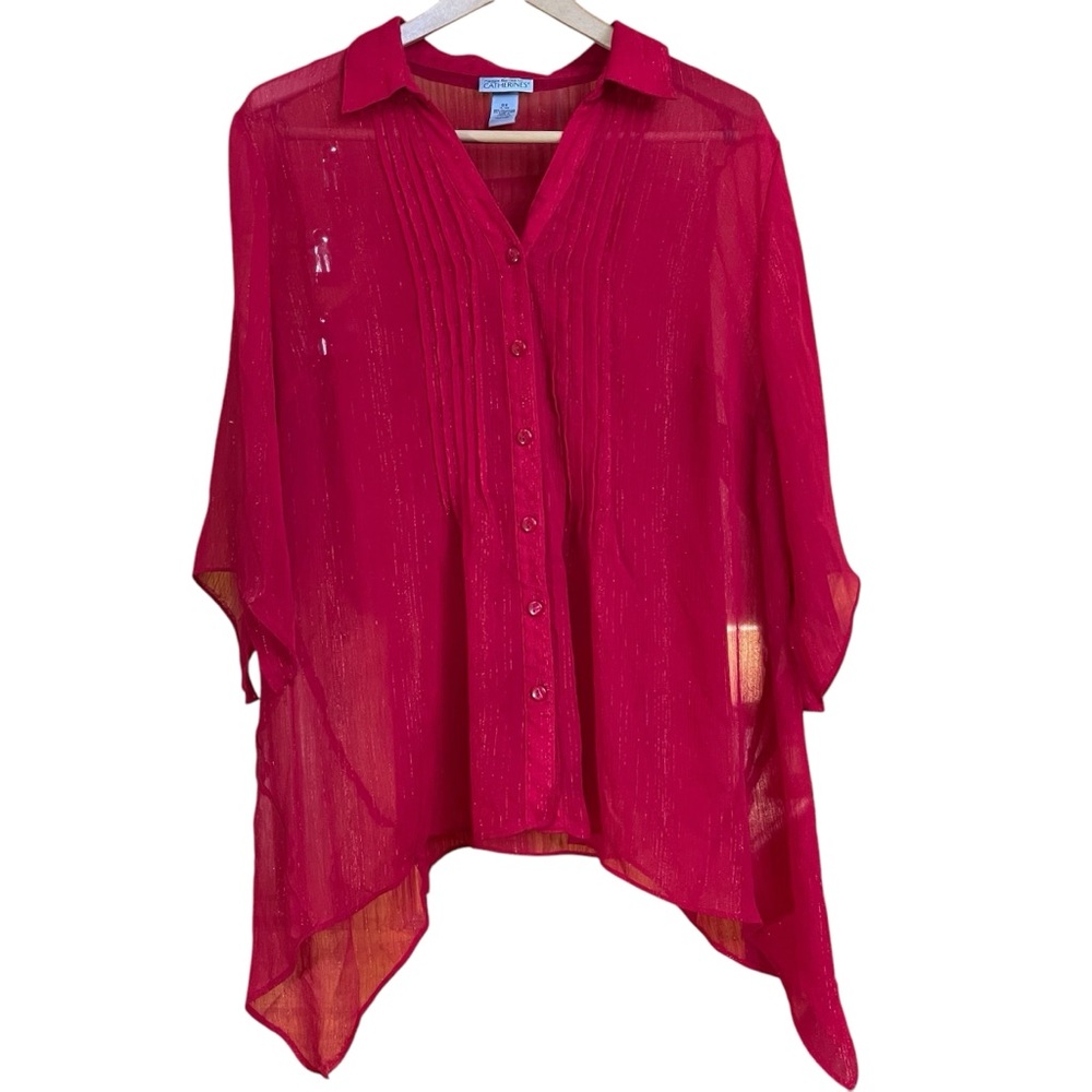 Maggie Barnes Red Sheer Button-up RedSparkel Asymmetrical Blouse Sz. 0X 14/16W